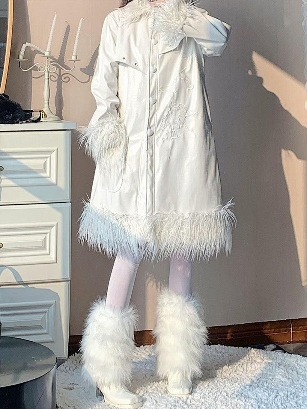 WSW Thick Padded Street Style Oversized White Long Sleeve Casual Long Coats