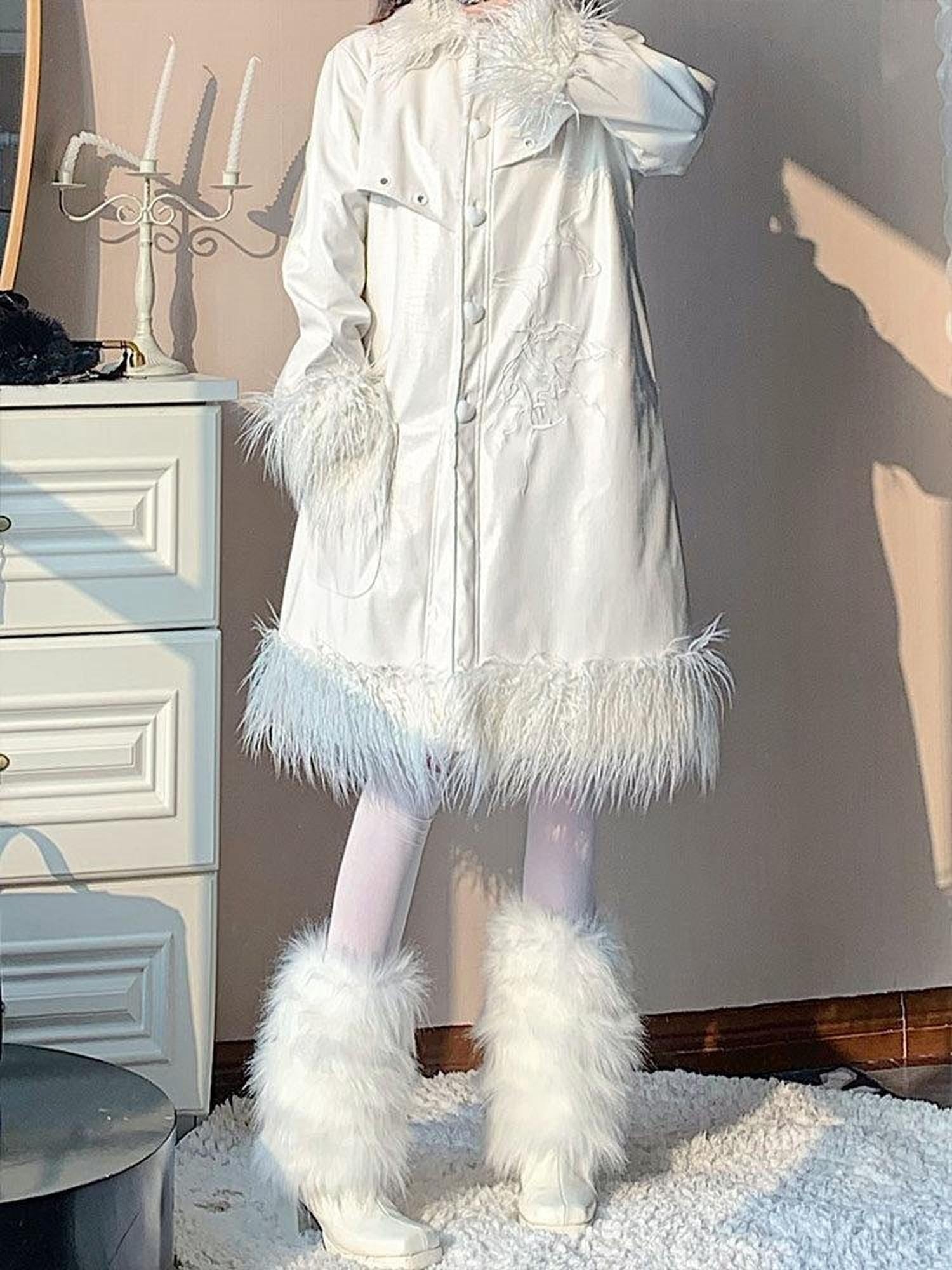 WSW Thick Padded Street Style Oversized White Long Sleeve Casual Long Coats
