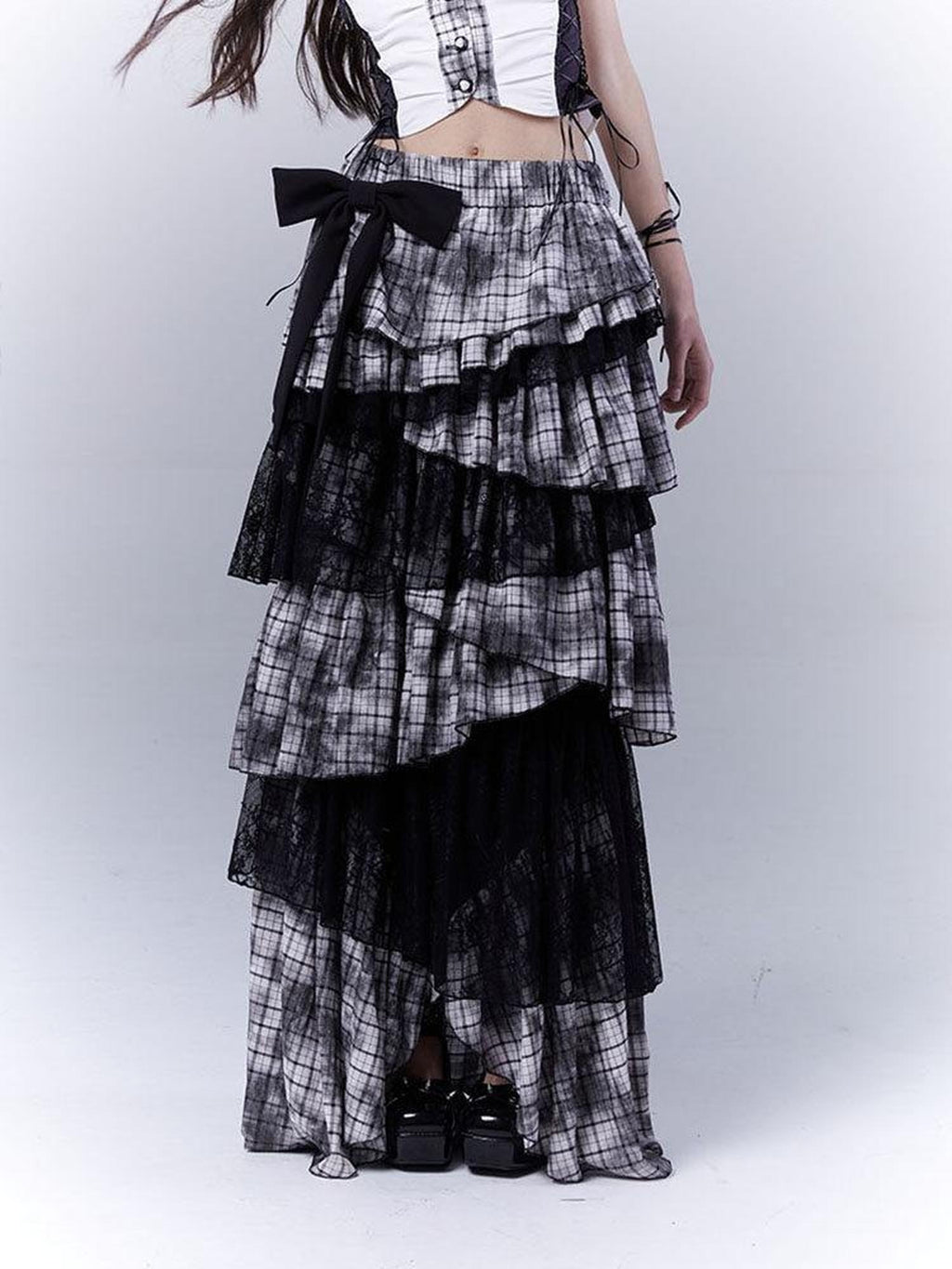 WSW Unique Panelled Tiered Low Waist Long Stretch Polyester Maxi Skirts