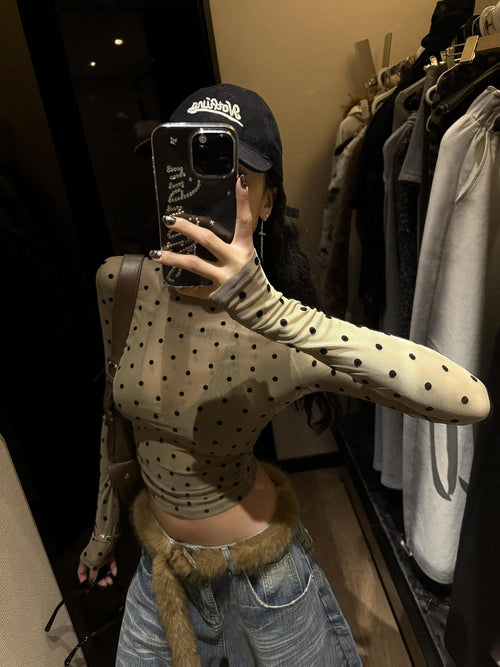 ZERO Breathable Flocked Polka Dot Slim Casual Women Mid Waist Long Sleeve Crop Tops
