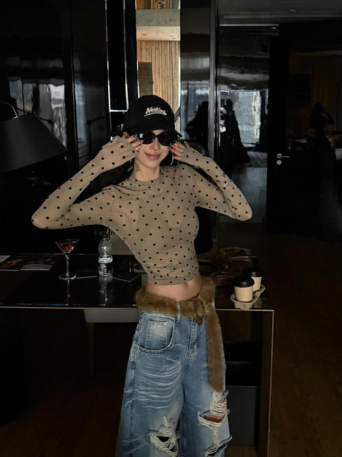 ZERO Breathable Flocked Polka Dot Slim Casual Women Mid Waist Long Sleeve Crop Tops