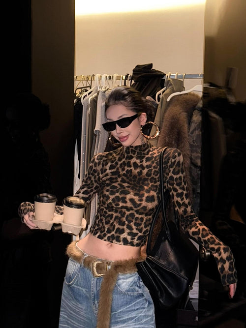 ZERO Breathable Leopard Print Slim Fit Standcollar Casual Women Long Sleeve Crop Tops