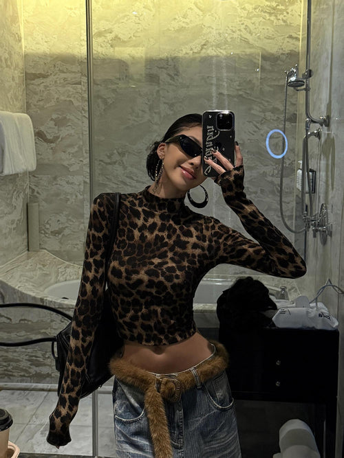 ZERO Breathable Leopard Print Slim Fit Standcollar Casual Women Long Sleeve Crop Tops