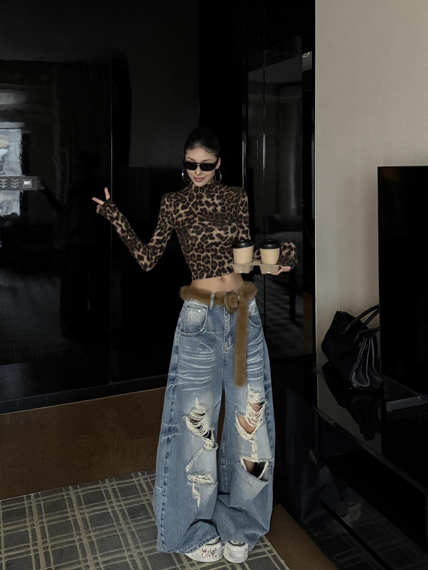 ZERO Breathable Leopard Print Slim Fit Standcollar Casual Women Long Sleeve Crop Tops