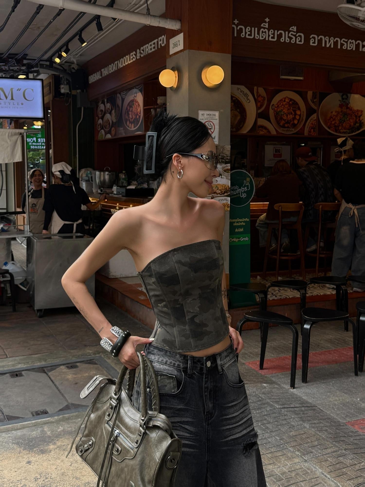 ZERO Camo Print Tie Front Slim Streetwear Casual Womens Polyester Short Tube Tops