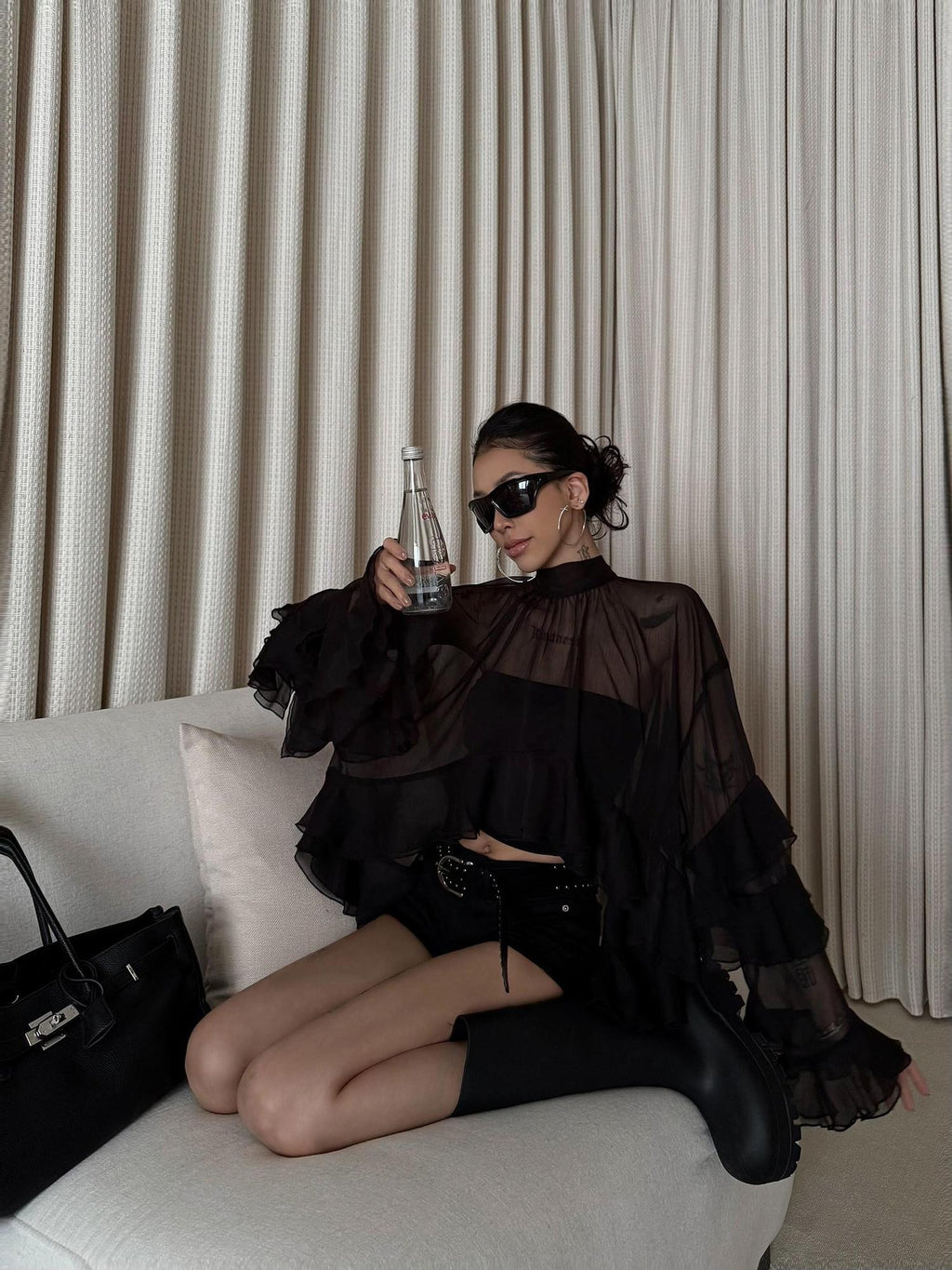 ZERO Chic Sweet Long Sleeve Two Piece Black Polyester Casual Young Women Blouses