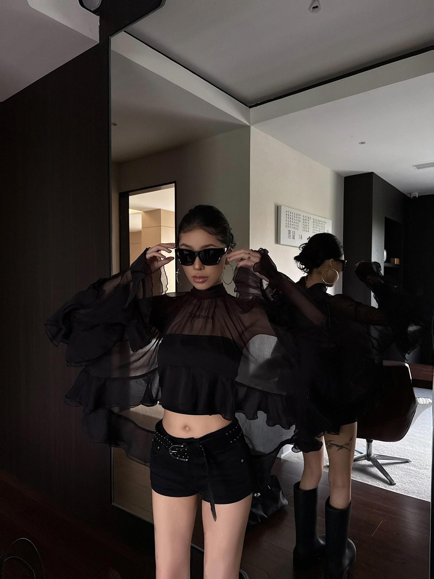 ZERO Chic Sweet Long Sleeve Two Piece Black Polyester Casual Young Women Blouses