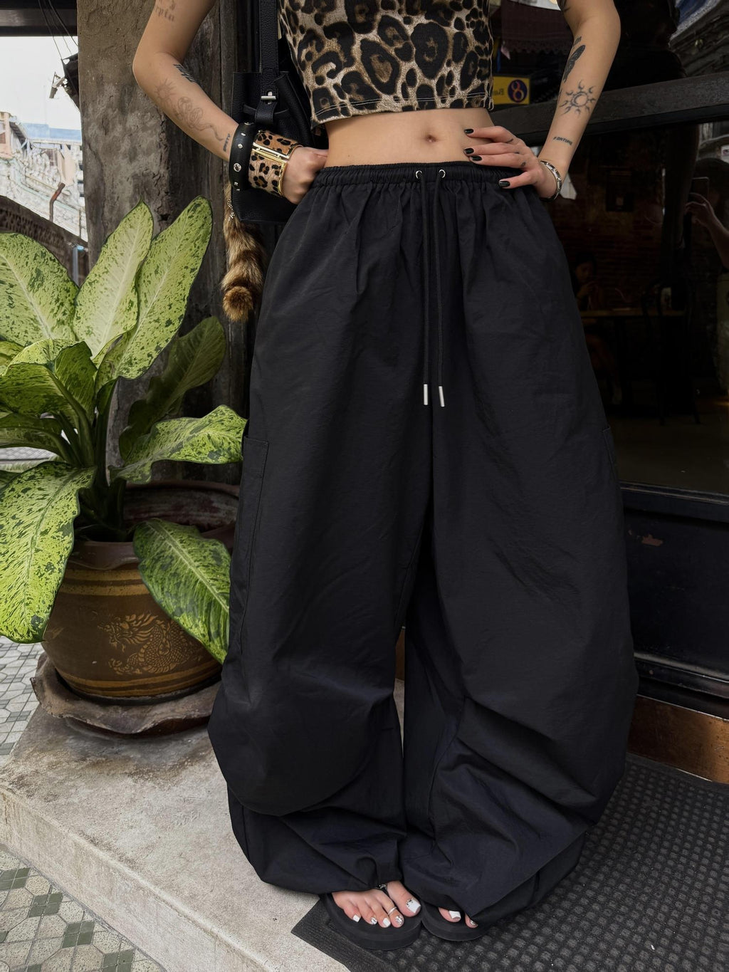 ZERO Comfy Cotton Lowrise Elastic Waist Pockets Casual Lantern Women Wide Leg Pants