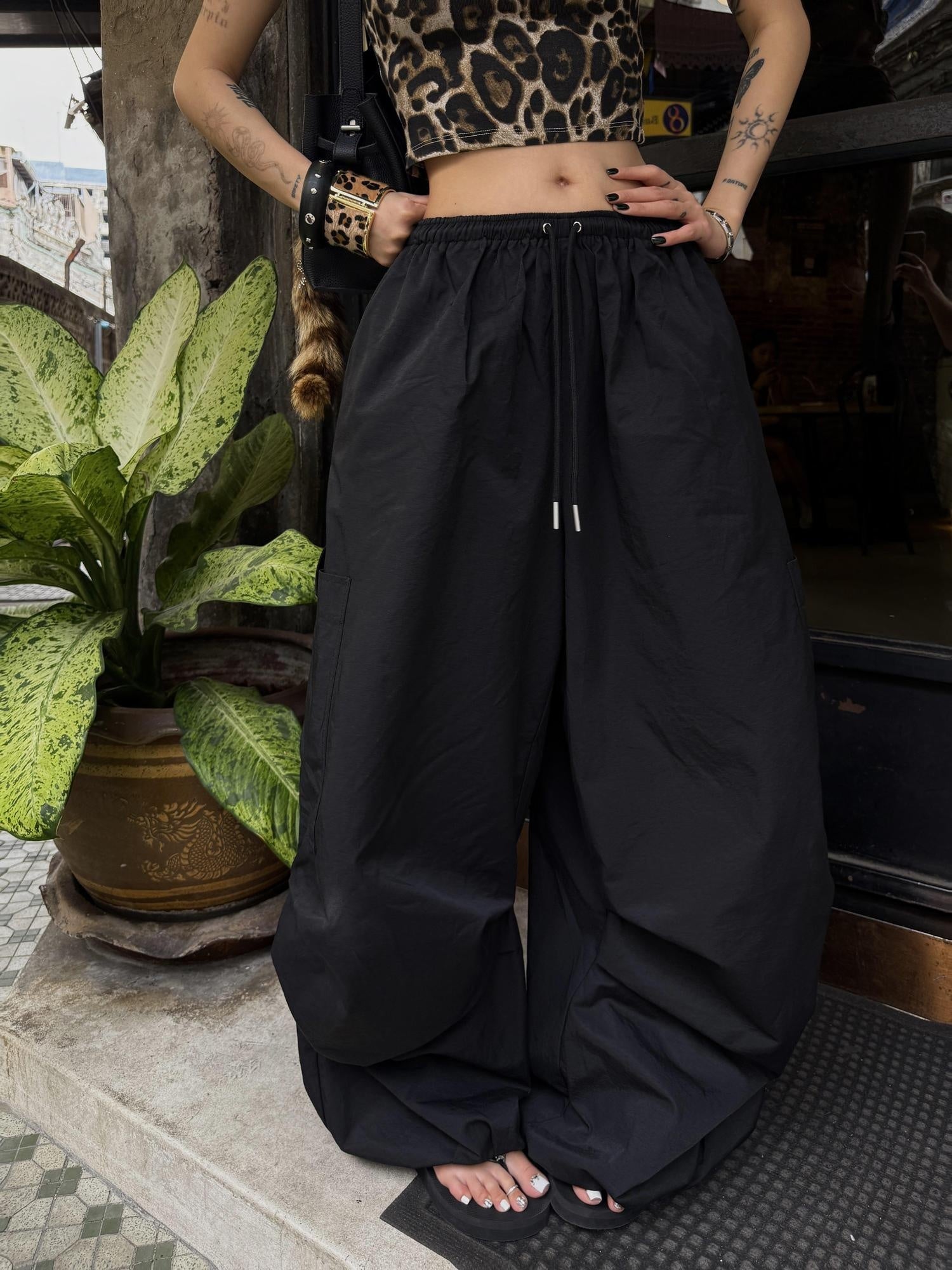 ZERO Comfy Cotton Lowrise Elastic Waist Pockets Casual Lantern Women Wide Leg Pants