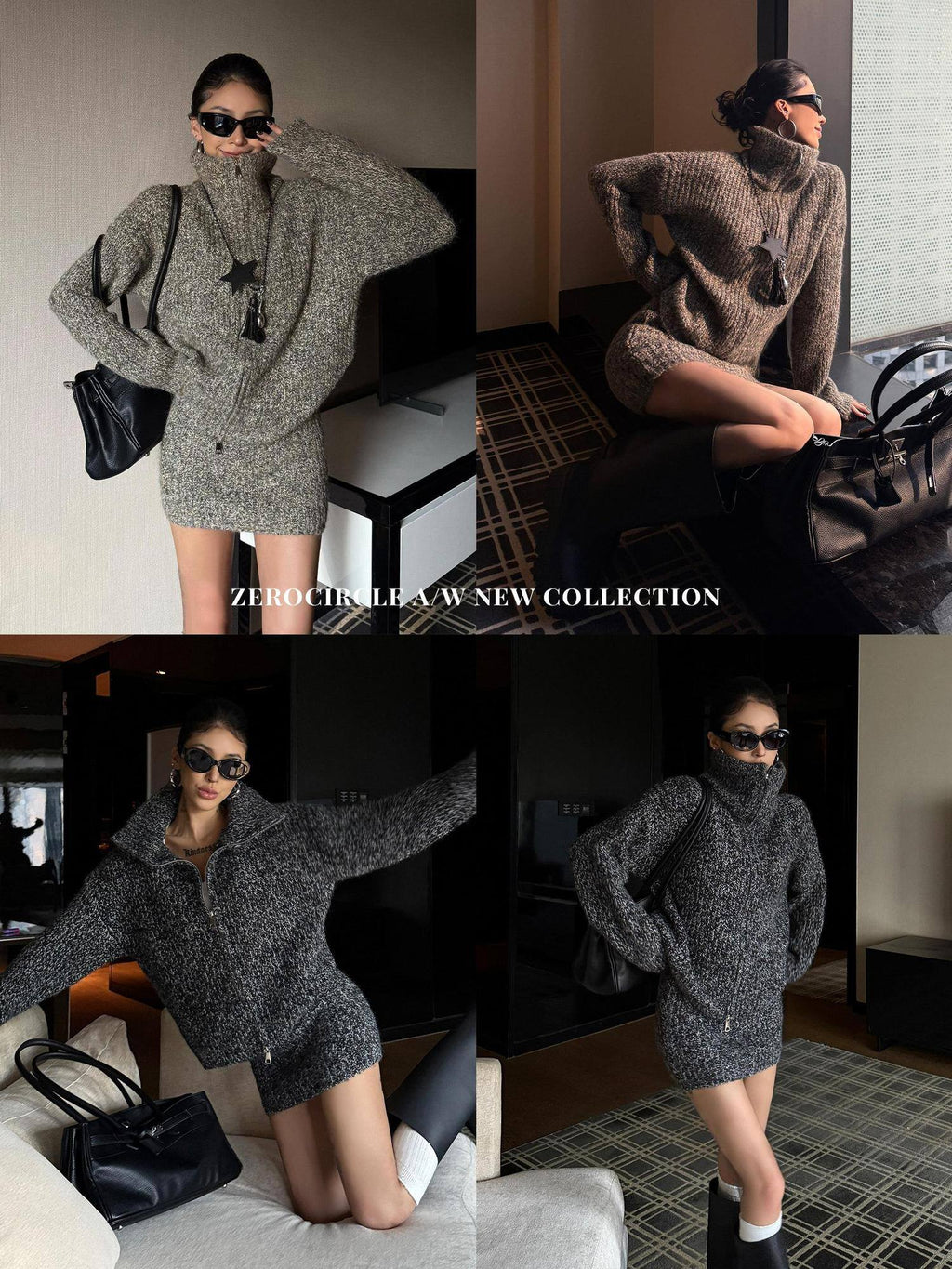 ZERO Cozy Thick Turtleneck Knit Two Piece Loose Fit Women Casual Mini Dresses