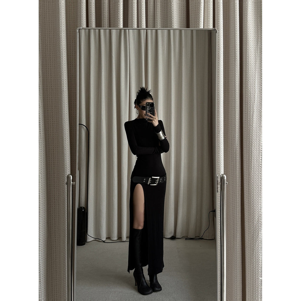 ZERO_Elegant_Black_Lyocell_Slit_Slim_Sheath_Long_Sleeve_Women_Maxi_Dresses_MISSTT