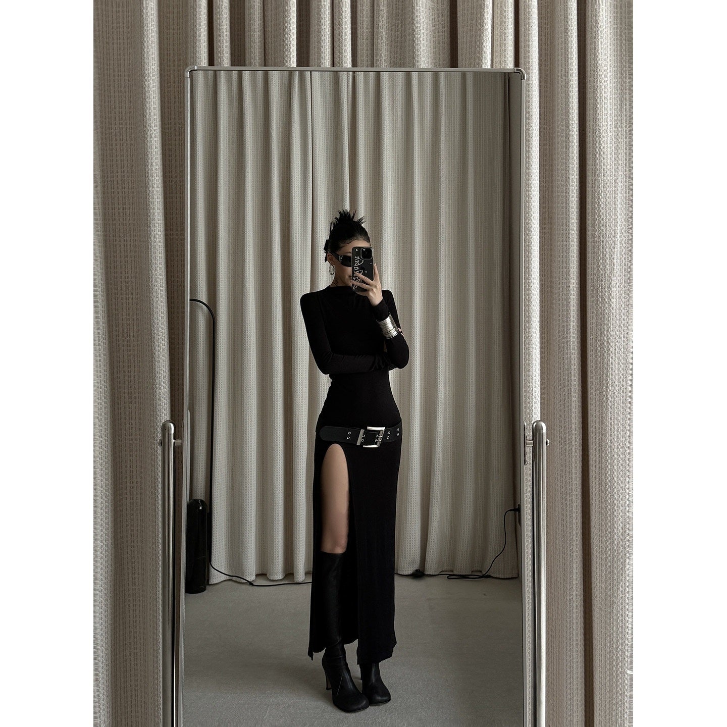ZERO_Elegant_Black_Lyocell_Slit_Slim_Sheath_Long_Sleeve_Women_Maxi_Dresses_MISSTT
