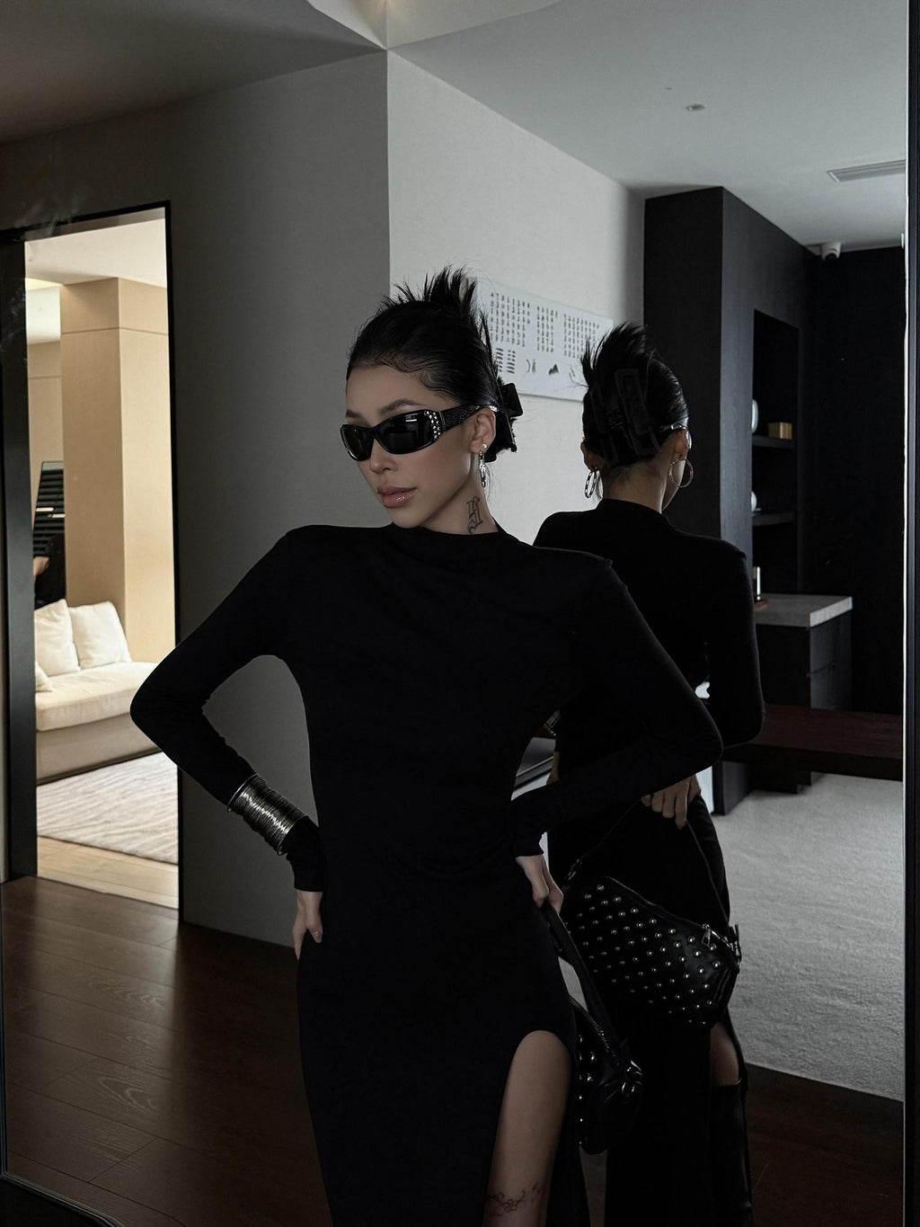 ZERO Elegant Black Lyocell Slit Slim Sheath Long Sleeve Women Maxi Dresses