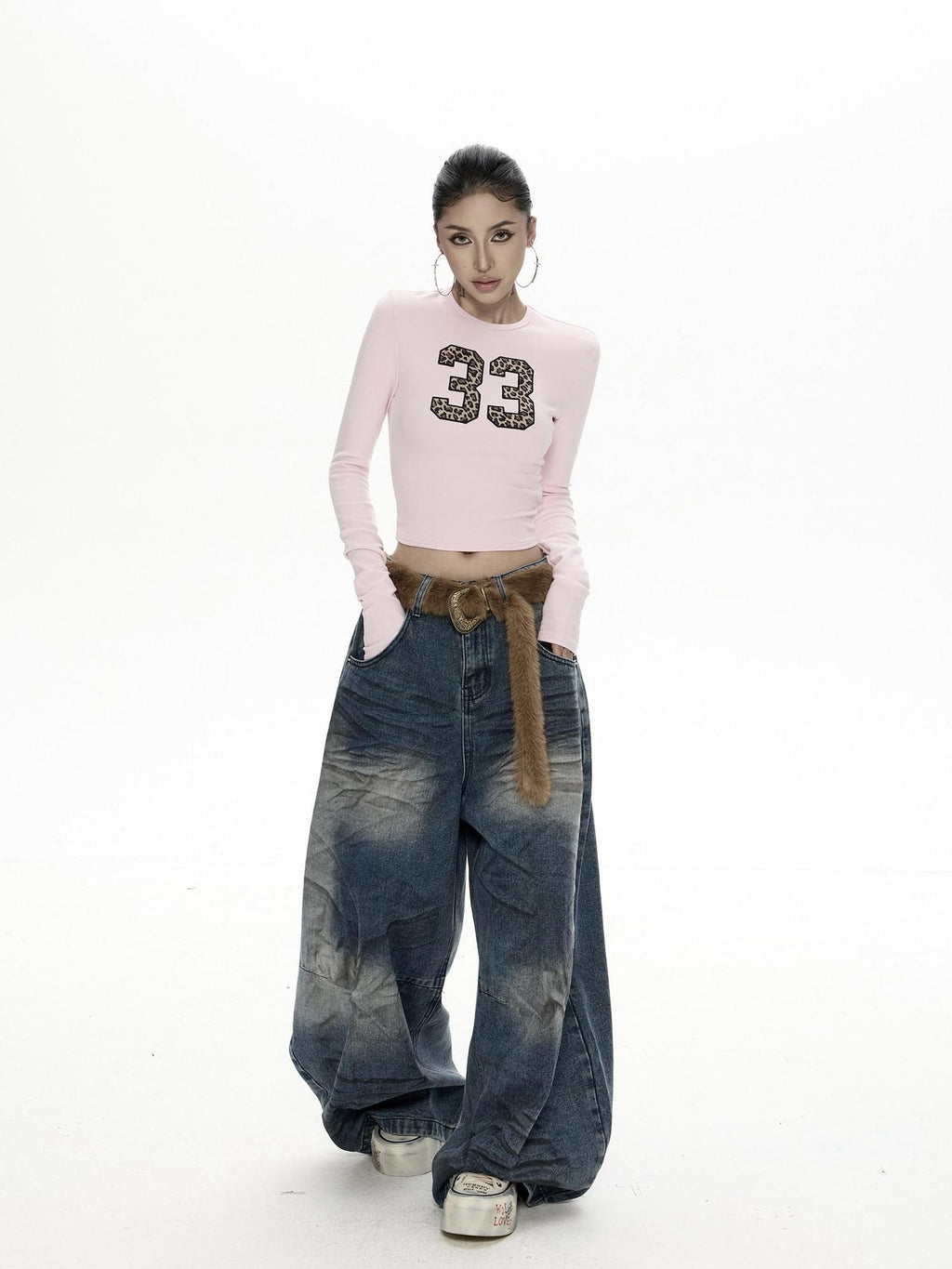 ZERO Embroidered Vintage Slim Pink Knitted Cotton Crewneck Women Long Sleeve Crop Tops
