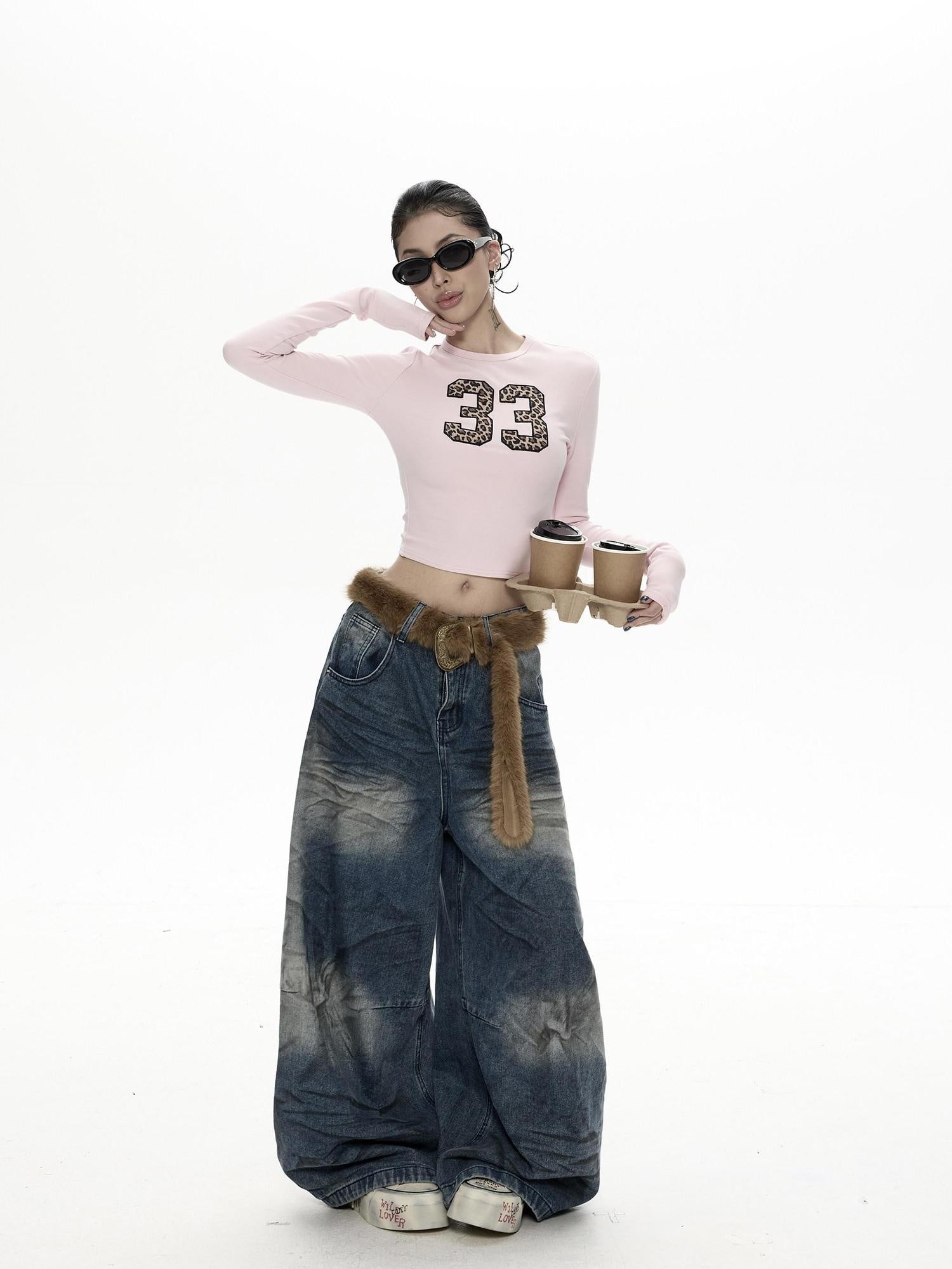 ZERO Embroidered Vintage Slim Pink Knitted Cotton Crewneck Women Long Sleeve Crop Tops
