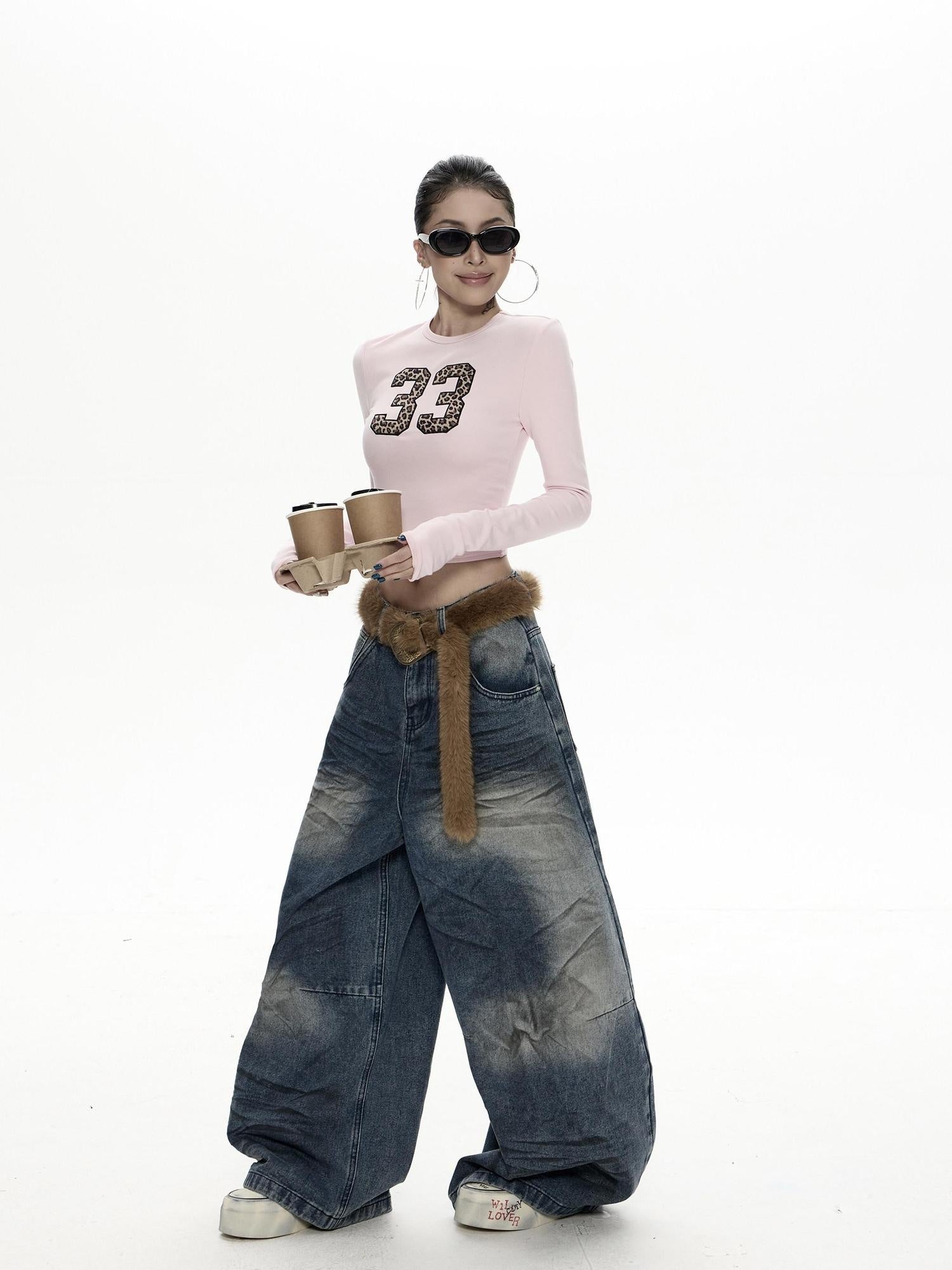 ZERO Embroidered Vintage Slim Pink Knitted Cotton Crewneck Women Long Sleeve Crop Tops