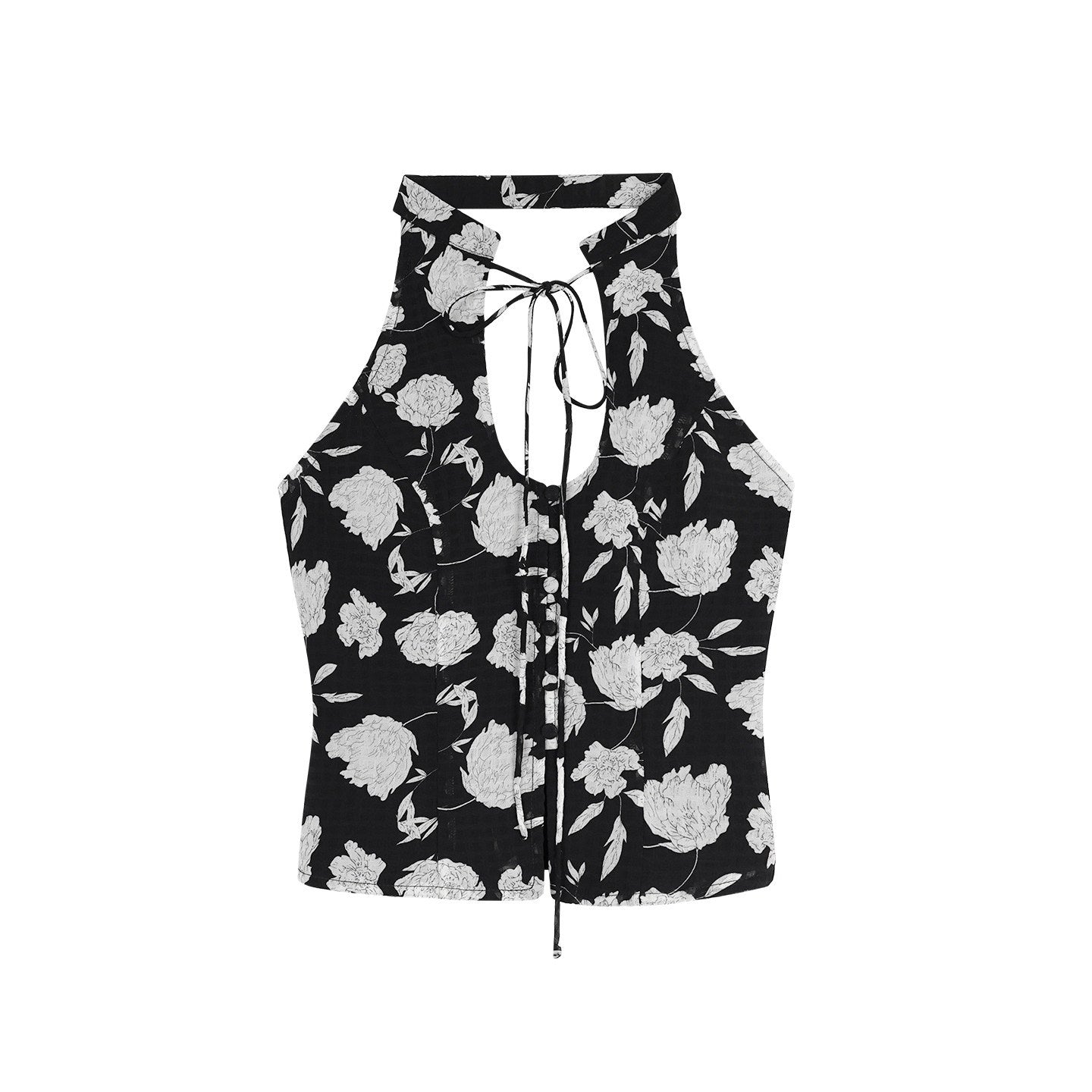 ZERO_Floral_Print_Slim_Fit_Stand_Collar_Pullover_Casual_Women_Black_Halter_Crop_Tops_MISSTT
