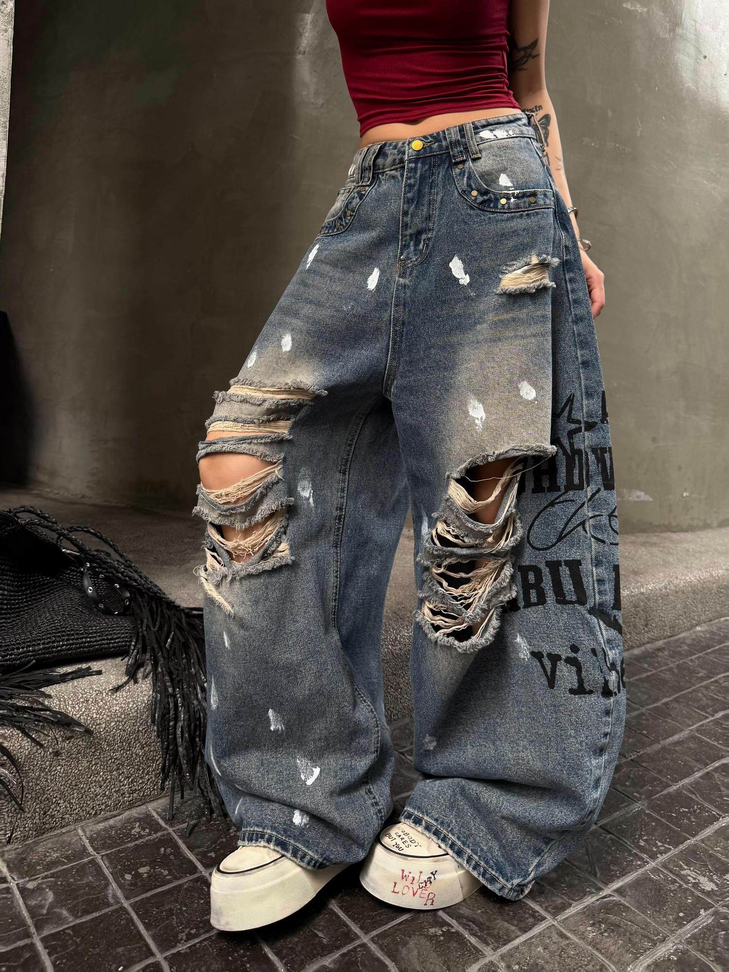 ZERO Fringe Detail Low Rise Loose Fit Casual Printed Denim Cotton Blue Wide Leg Jeans