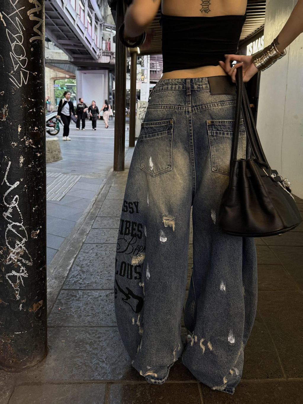 ZERO Fringe Detail Low Rise Loose Fit Casual Printed Denim Cotton Blue Wide Leg Jeans