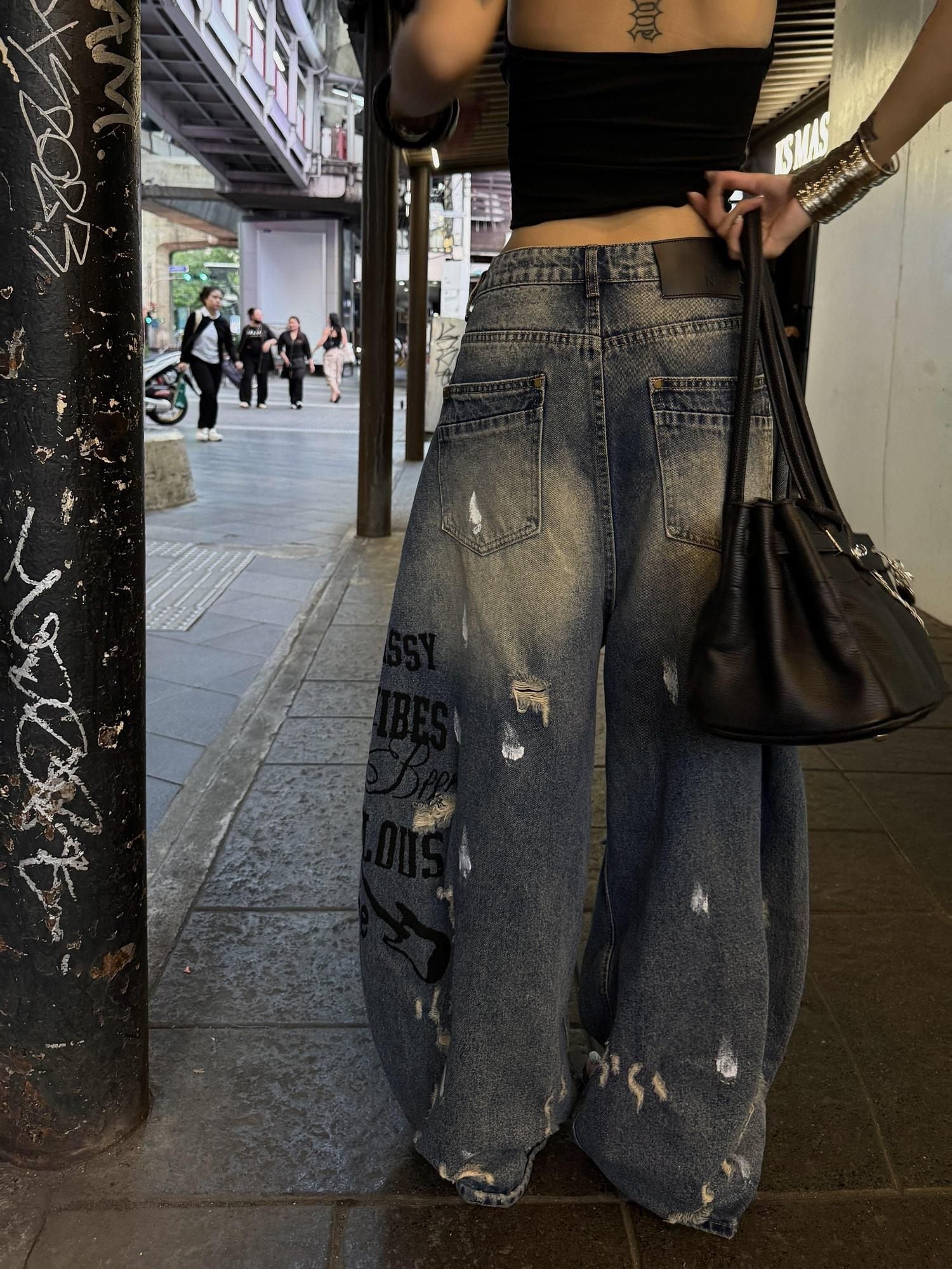 ZERO Fringe Detail Low Rise Loose Fit Casual Printed Denim Cotton Blue Wide Leg Jeans
