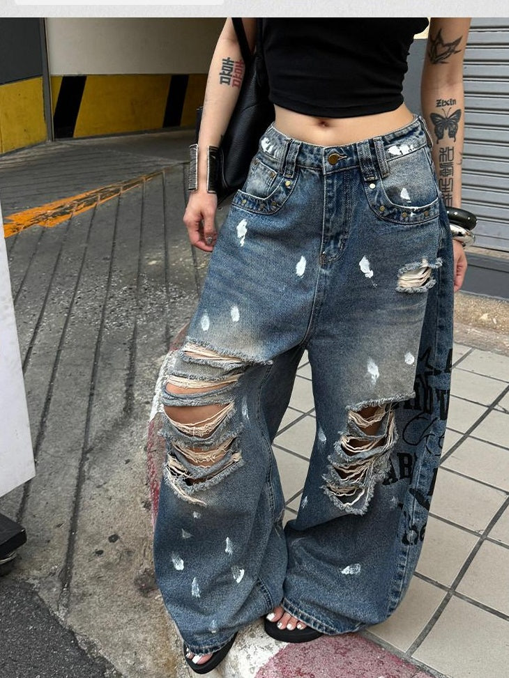 ZERO Fringe Detail Low Rise Loose Fit Casual Printed Denim Cotton Blue Wide Leg Jeans