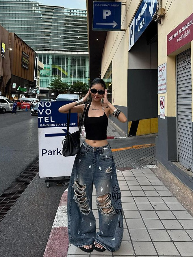 ZERO Fringe Detail Low Rise Loose Fit Casual Printed Denim Cotton Blue Wide Leg Jeans