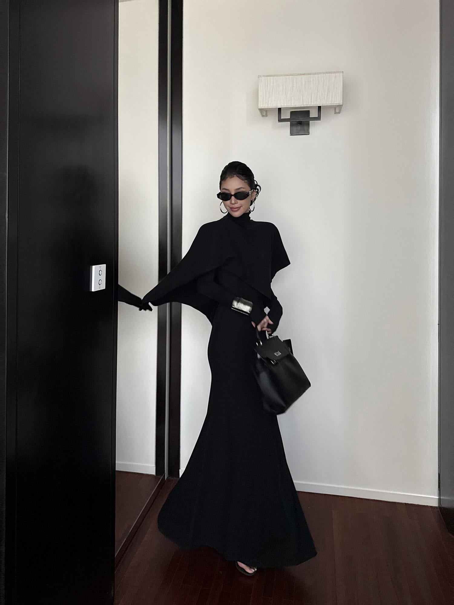 ZERO High Stretch Viscose Knit Slim Long Sleeve Two Piece Black Women Maxi Dresses