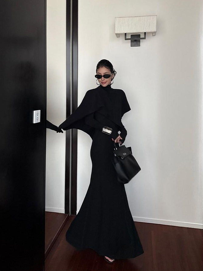 ZERO High Stretch Viscose Knit Slim Long Sleeve Two Piece Black Women Maxi Dresses