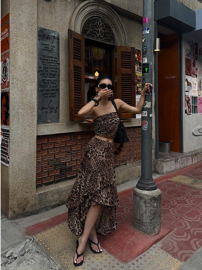 ZERO Leopard Lined Zipper Low Waist Irregular Hem Street Style Women Midi Skirts