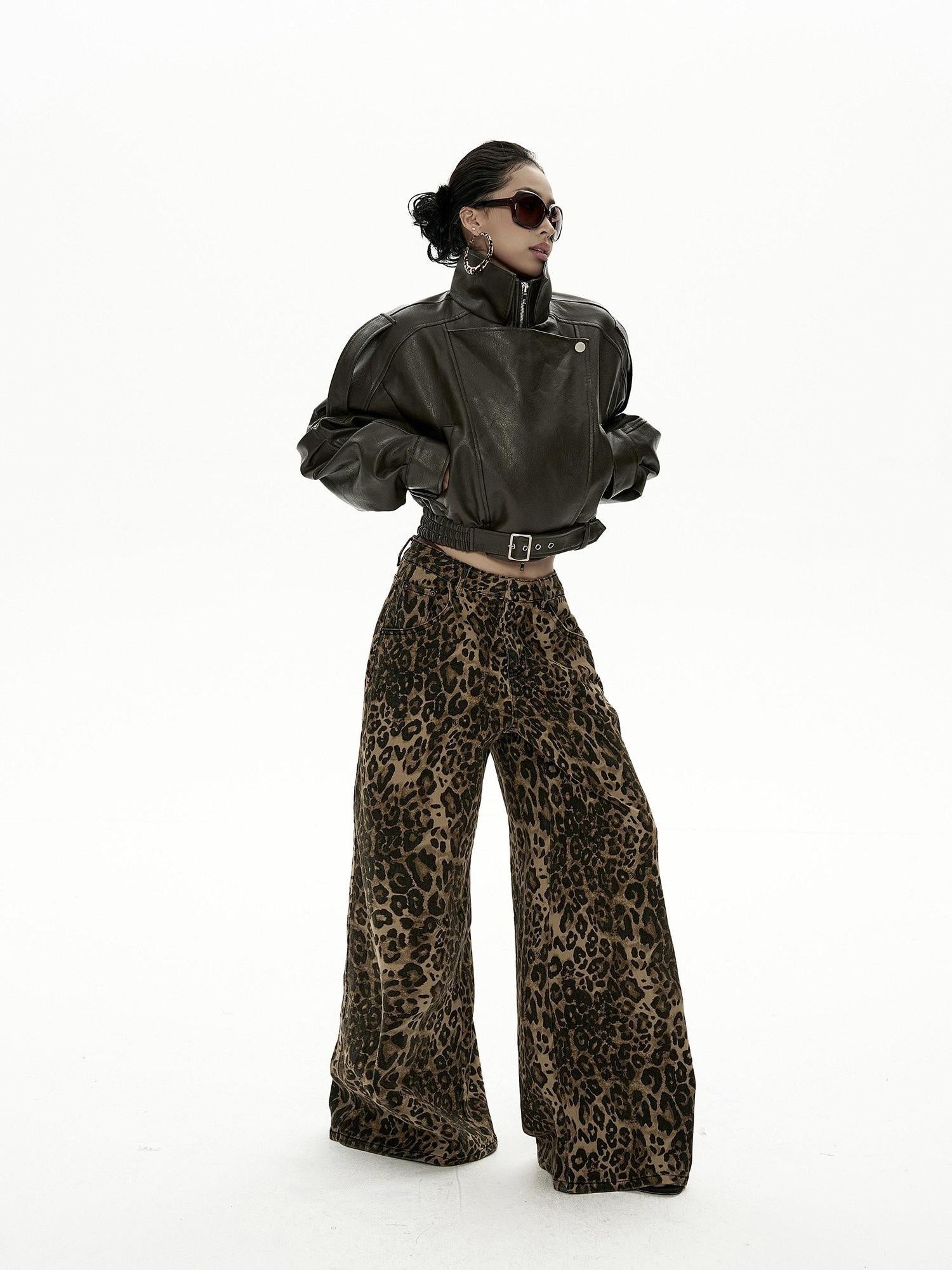 ZERO Leopard Print Low Rise Cotton Zip Fly Street Style Casual Women Wide Leg Pants