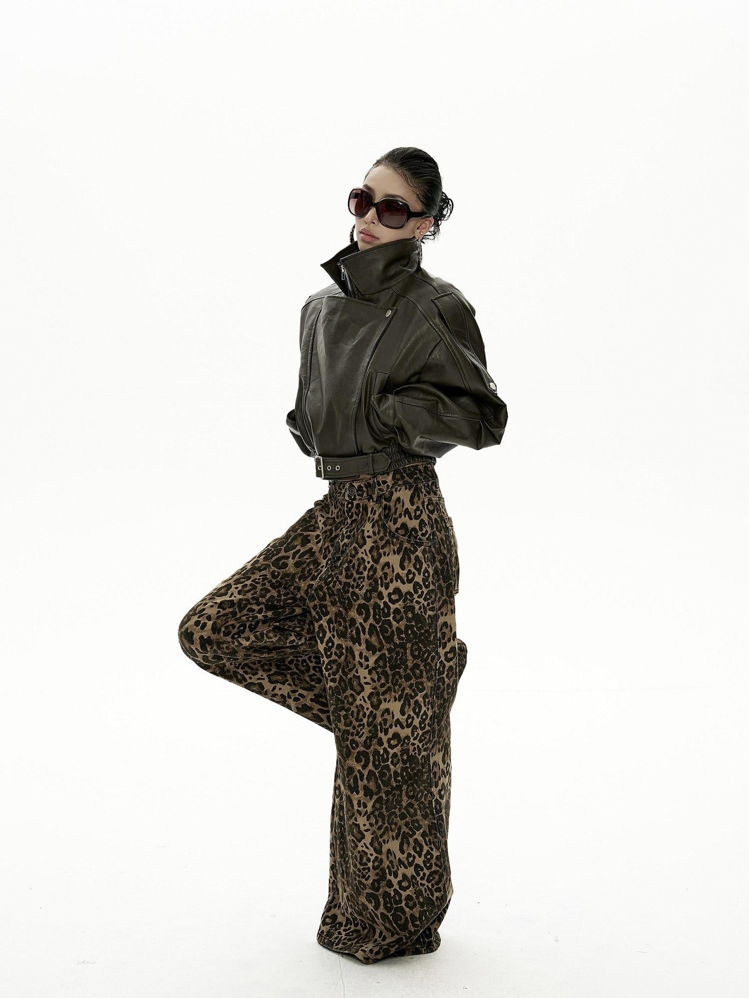 ZERO Leopard Print Low Rise Cotton Zip Fly Street Style Casual Women Wide Leg Pants