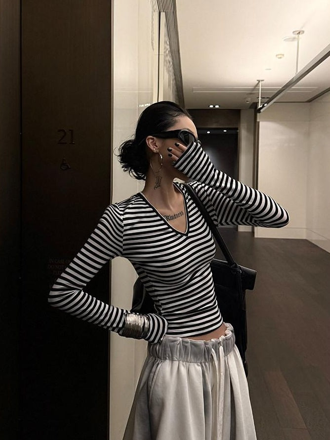 ZERO Light Lyocell Knit Striped V-neck Slim Fit Women Long Sleeve Crop Tops