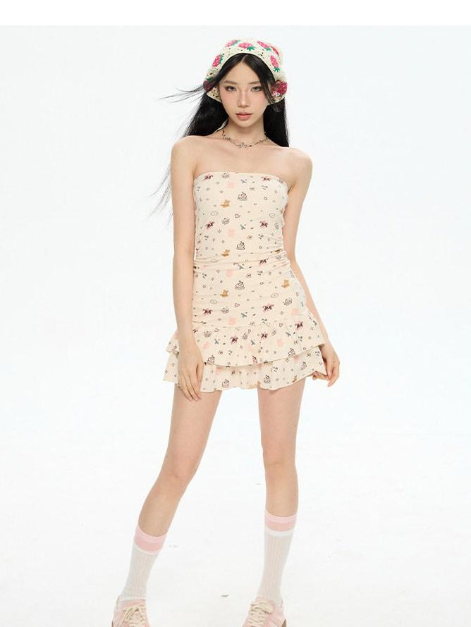 ZERO Padded Bust Sweet Strapless High Waist Tiered Apricot Viscose Mini Dresses