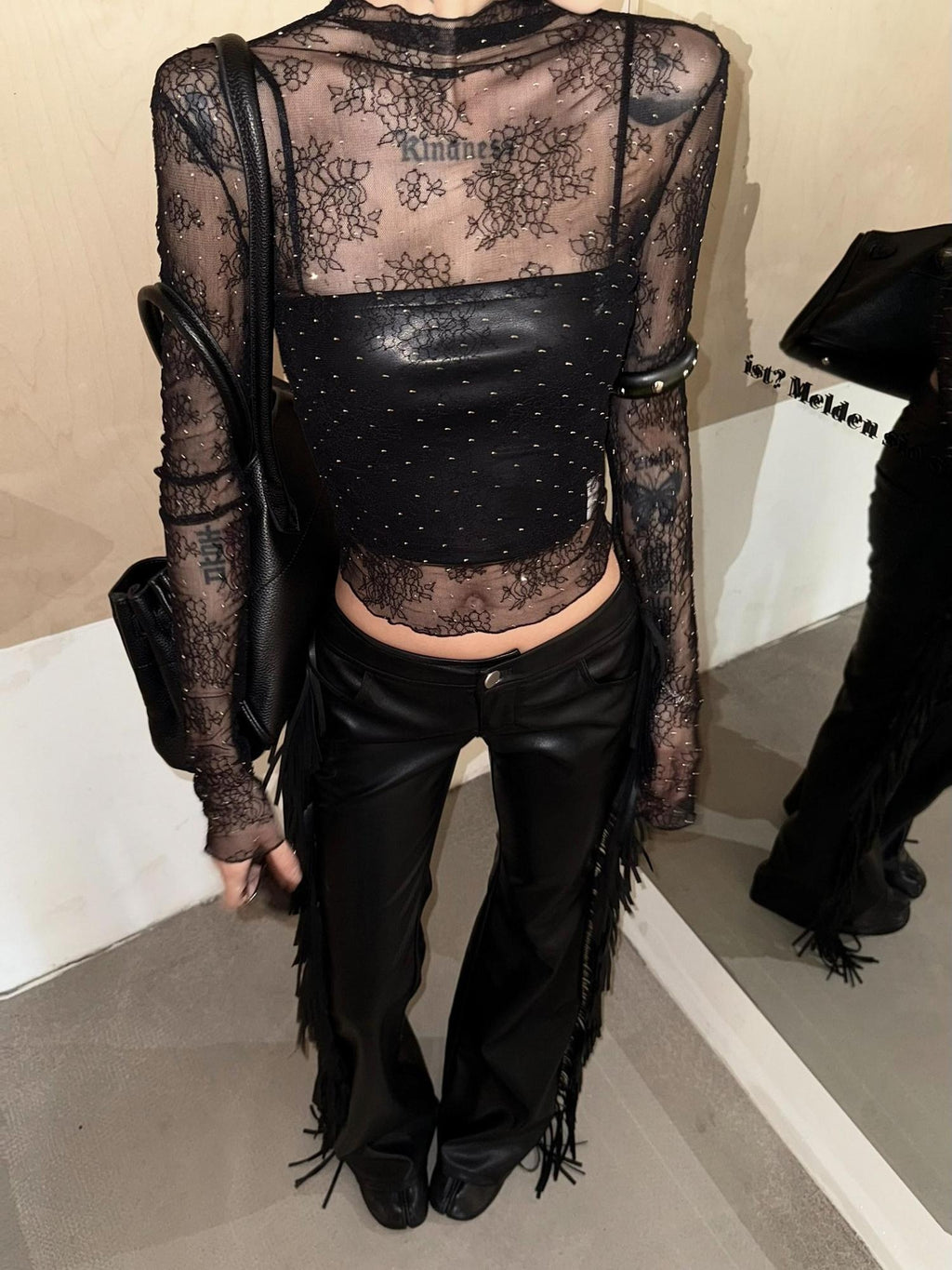 ZERO Rhinestone Slim Sexy Black Nylon Women Everyday Pullover Long Sleeve Crop Tops