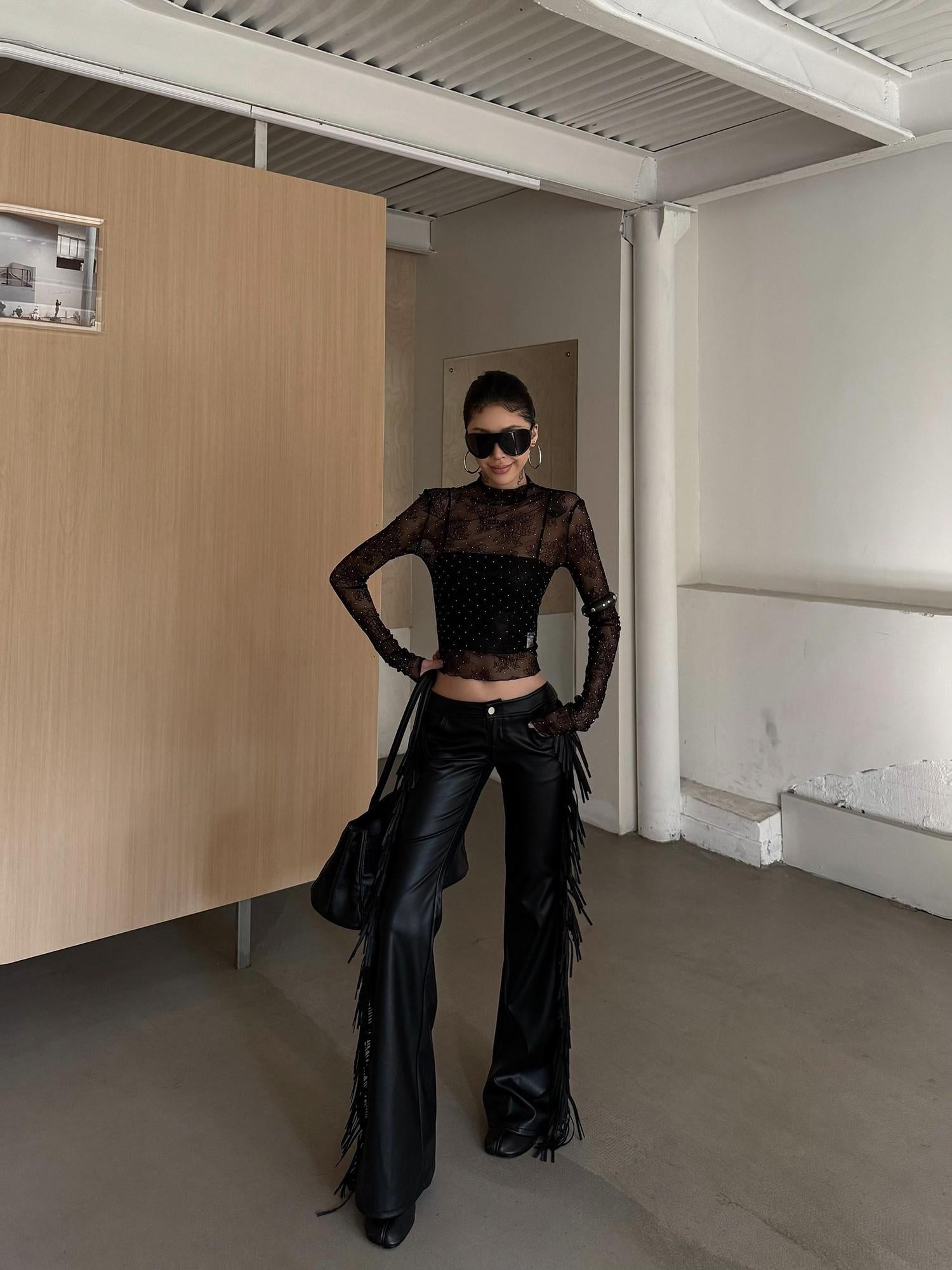 ZERO Rhinestone Slim Sexy Black Nylon Women Everyday Pullover Long Sleeve Crop Tops