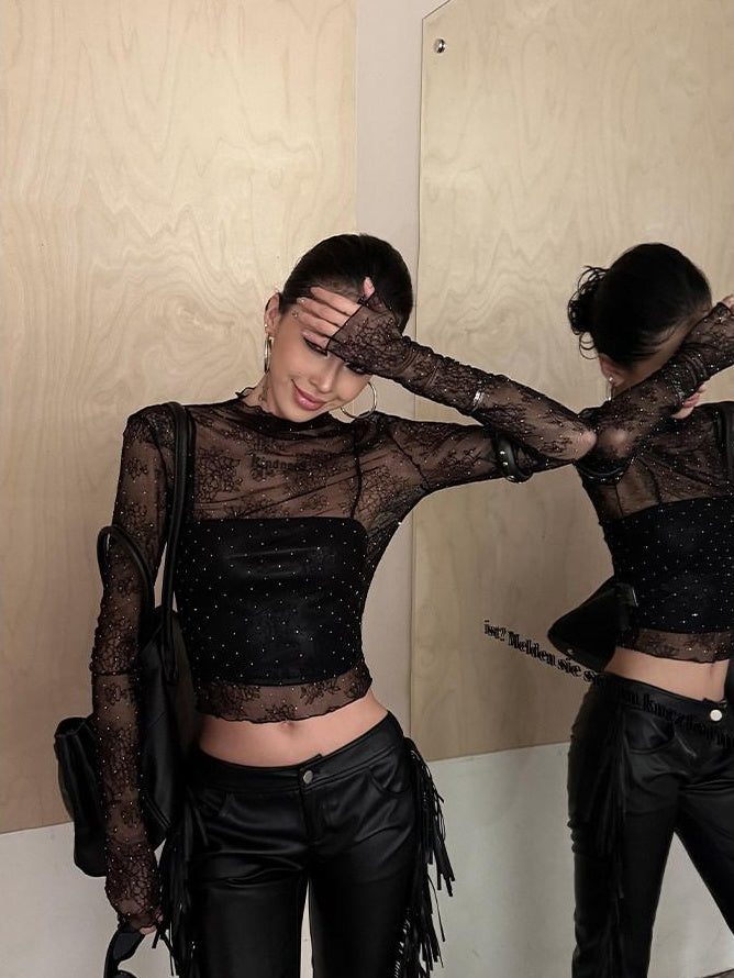ZERO Rhinestone Slim Sexy Black Nylon Women Everyday Pullover Long Sleeve Crop Tops