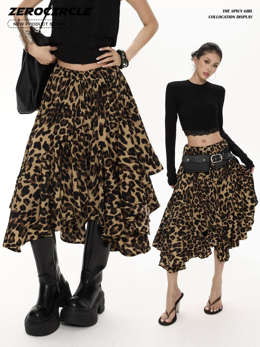 ZERO Ruffle Hem Casual Loose Mid Waist Printed Poly Women Zipper Brown Midi Skirts