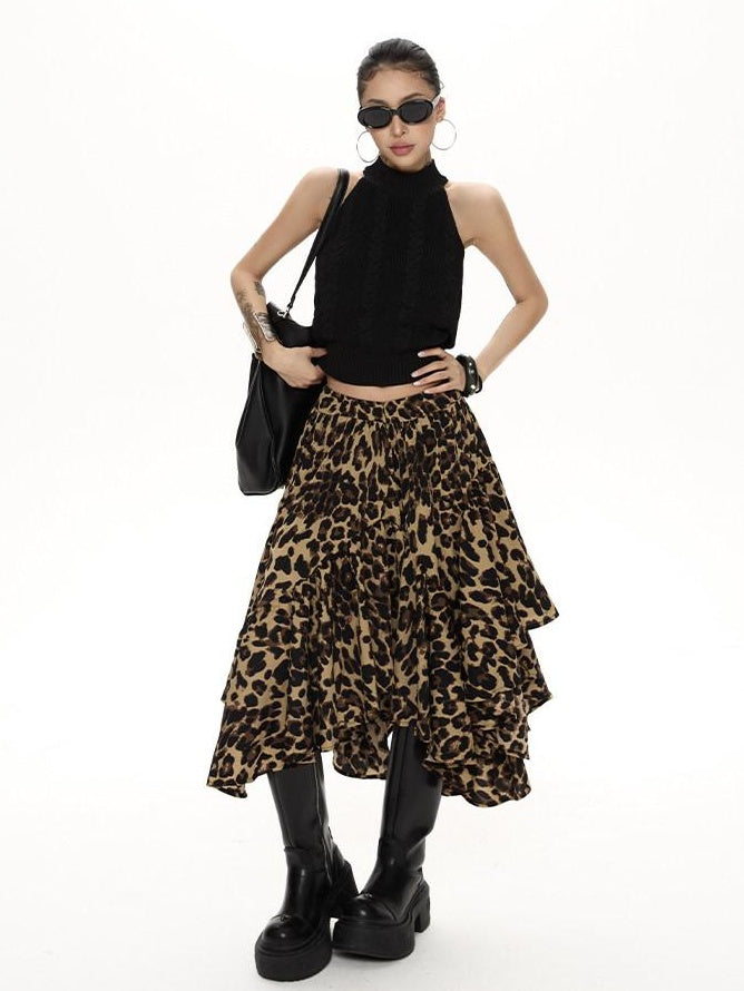 ZERO Ruffle Hem Casual Loose Mid Waist Printed Poly Women Zipper Brown Midi Skirts