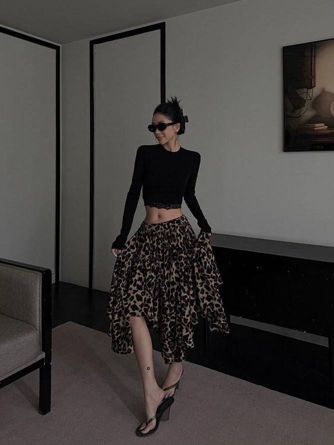 ZERO Ruffle Hem Casual Loose Mid Waist Printed Poly Women Zipper Brown Midi Skirts