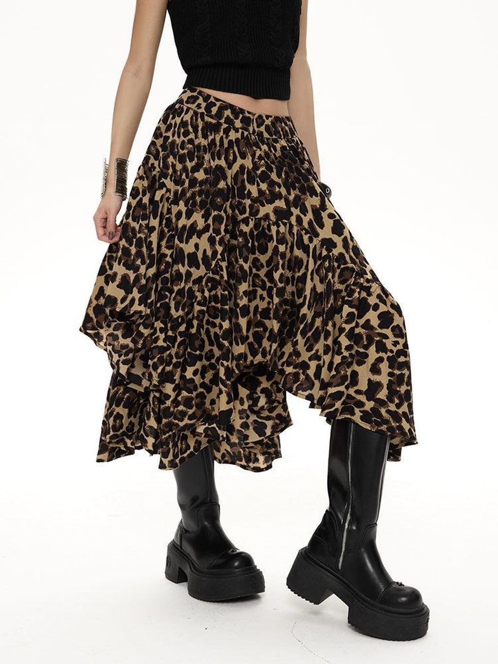 ZERO Ruffle Hem Casual Loose Mid Waist Printed Poly Women Zipper Brown Midi Skirts
