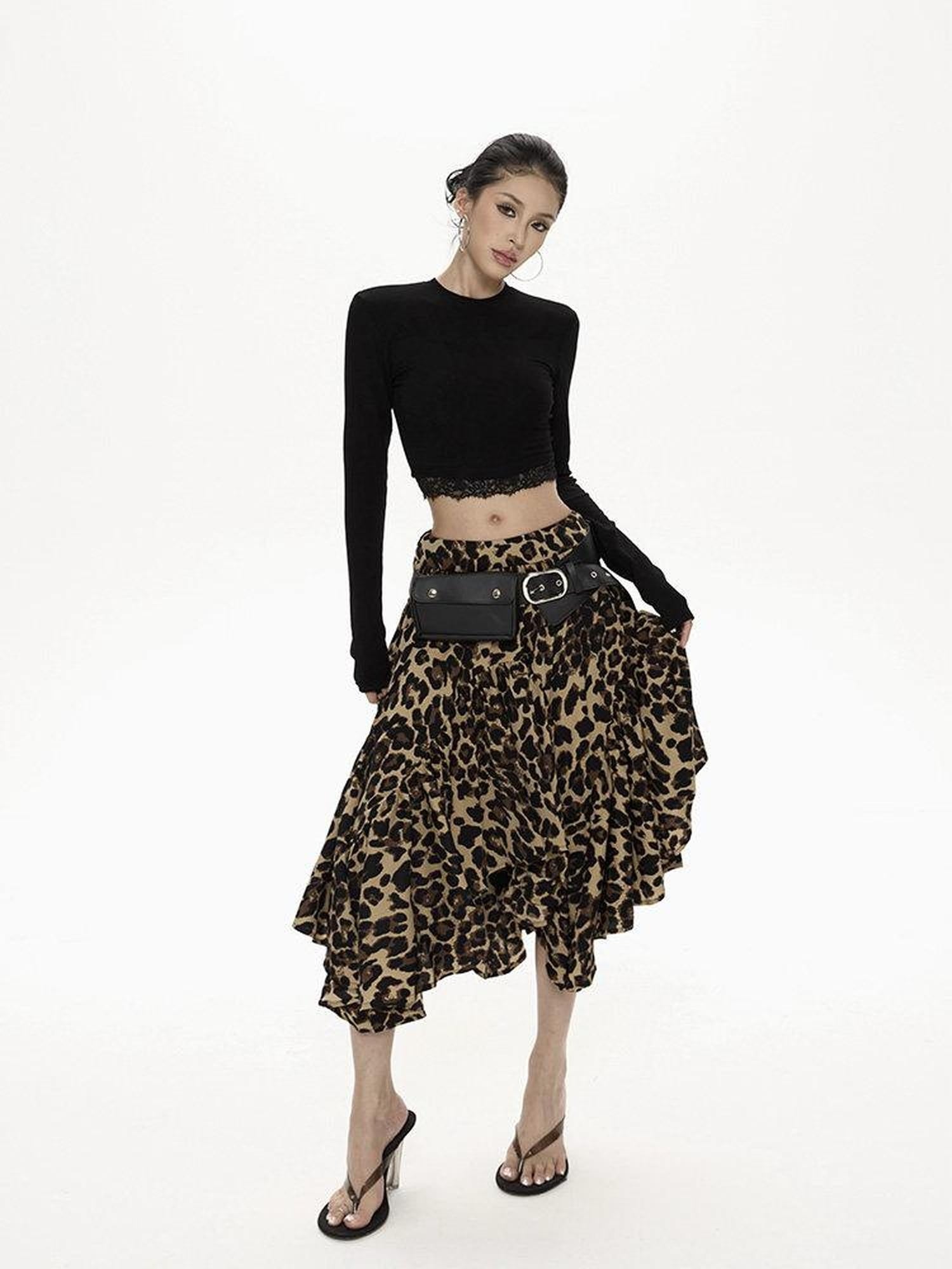ZERO Ruffle Hem Casual Loose Mid Waist Printed Poly Women Zipper Brown Midi Skirts