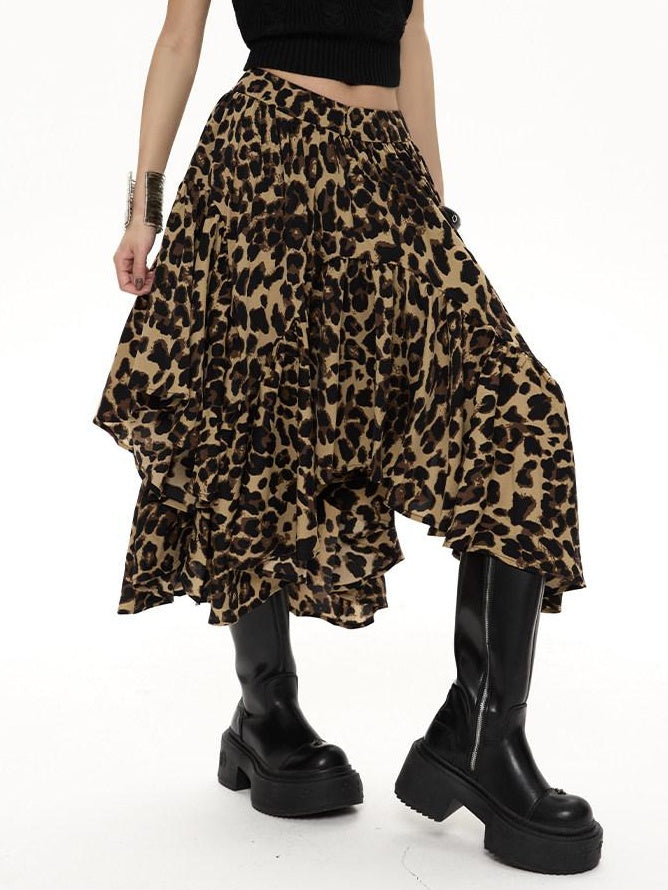 ZERO Ruffle Hem Casual Loose Mid Waist Printed Poly Women Zipper Brown Midi Skirts