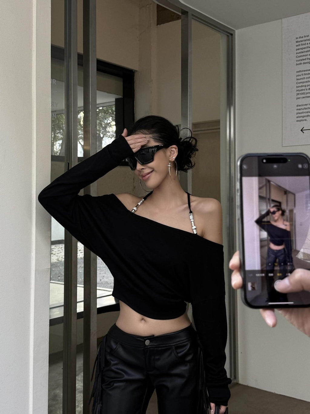 ZERO Soft Cotton Blend Casual Boat Neck Women Black Pullover Long Sleeve Crop Tops