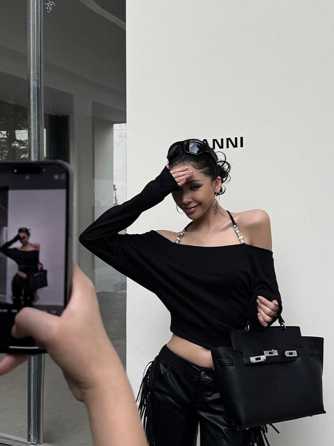 ZERO Soft Cotton Blend Casual Boat Neck Women Black Pullover Long Sleeve Crop Tops