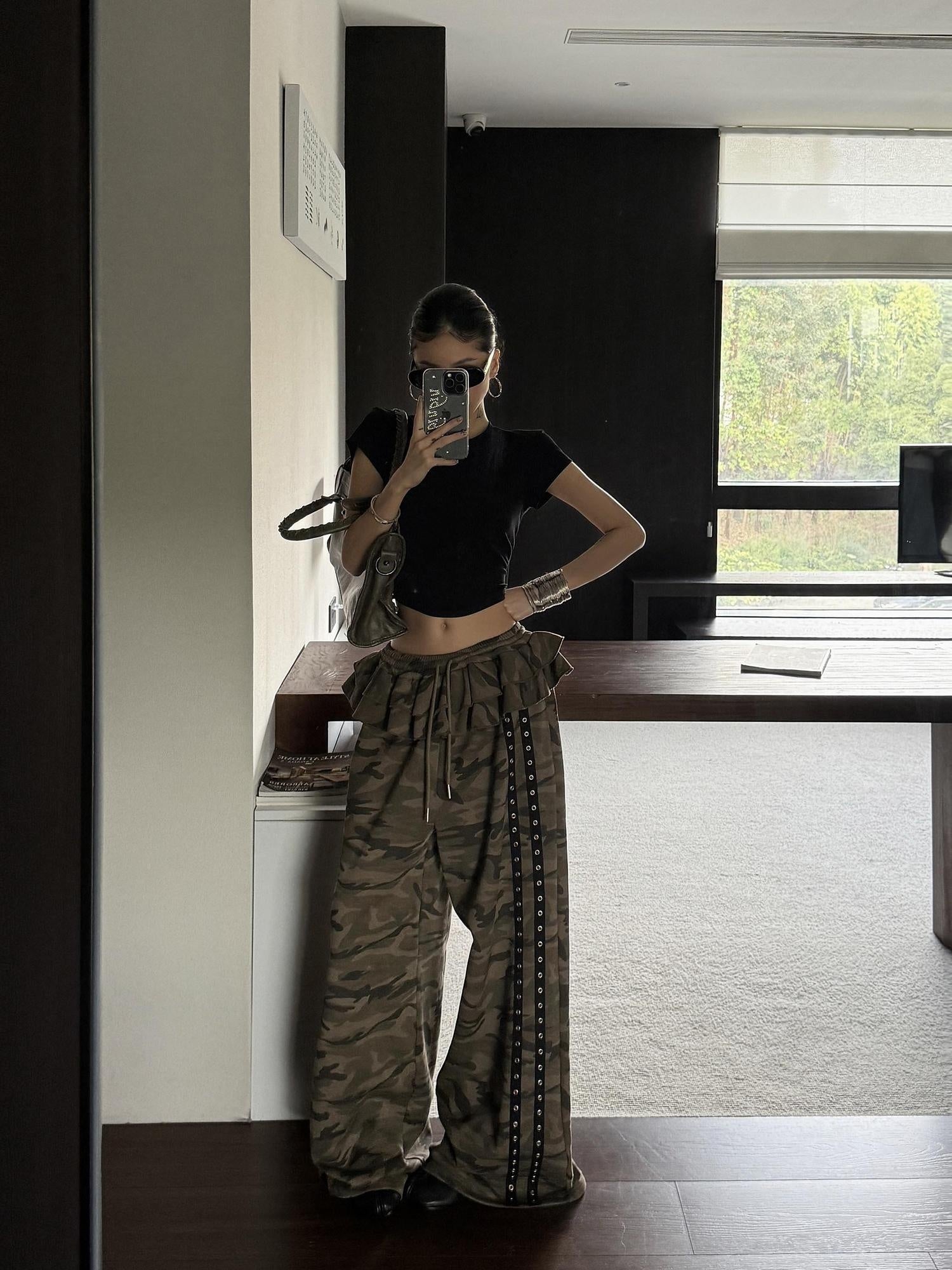 ZERO Soft Cotton Pocket Lace Trim Natural Waist Women Green Camo Wide Leg Pants