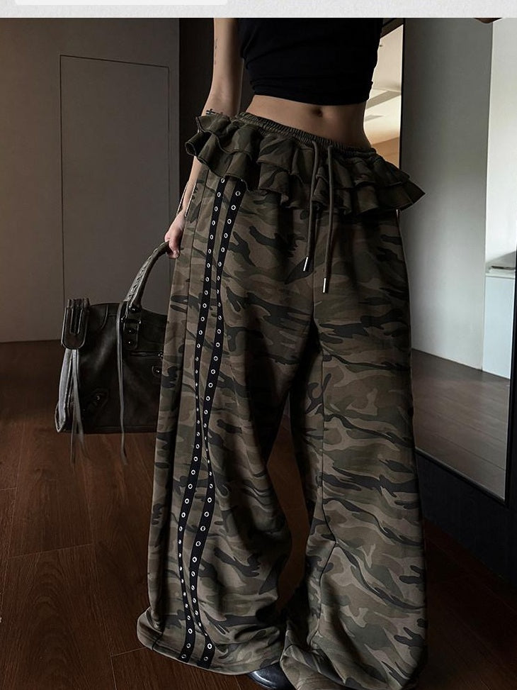 ZERO Soft Cotton Pocket Lace Trim Natural Waist Women Green Camo Wide Leg Pants