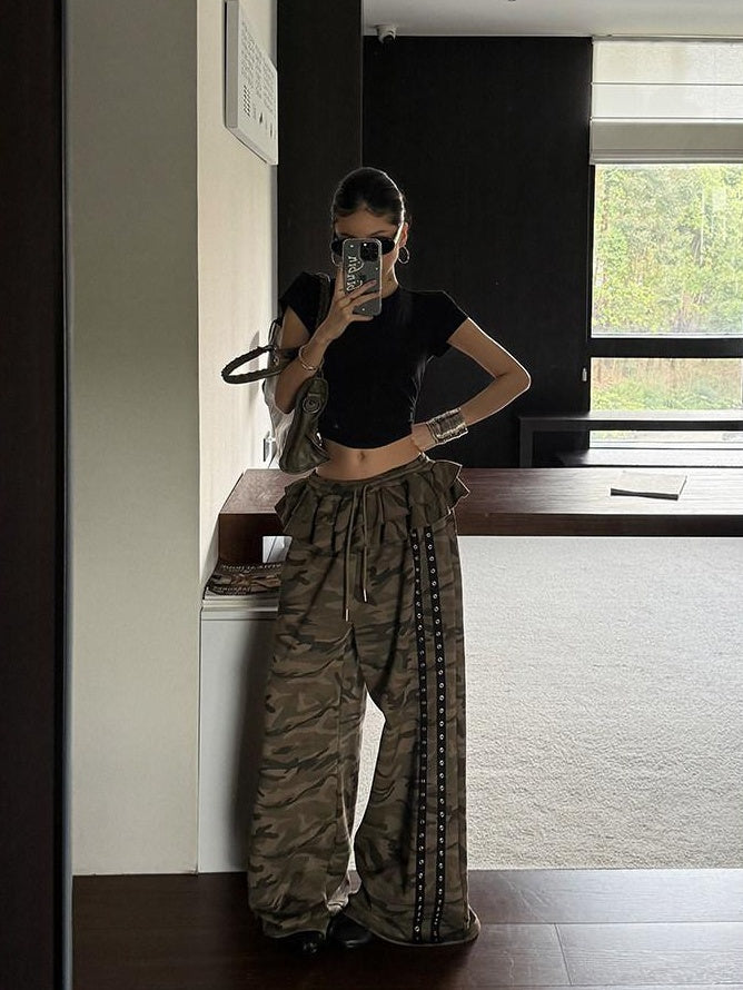 ZERO Soft Cotton Pocket Lace Trim Natural Waist Women Green Camo Wide Leg Pants