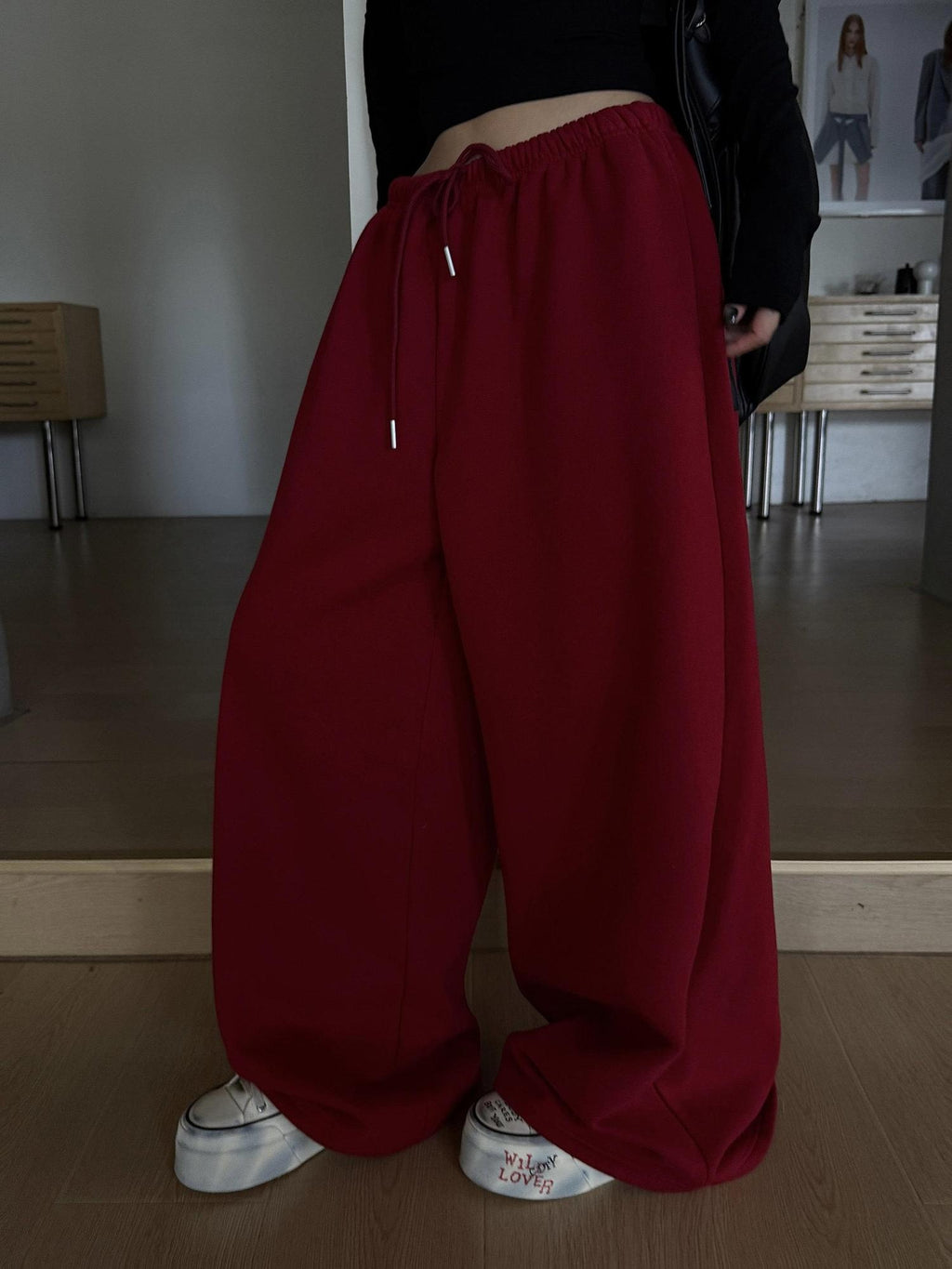 ZERO Soft Cotton Slight Stretch Casual Natural Waist Burgundy Wide Leg Pants