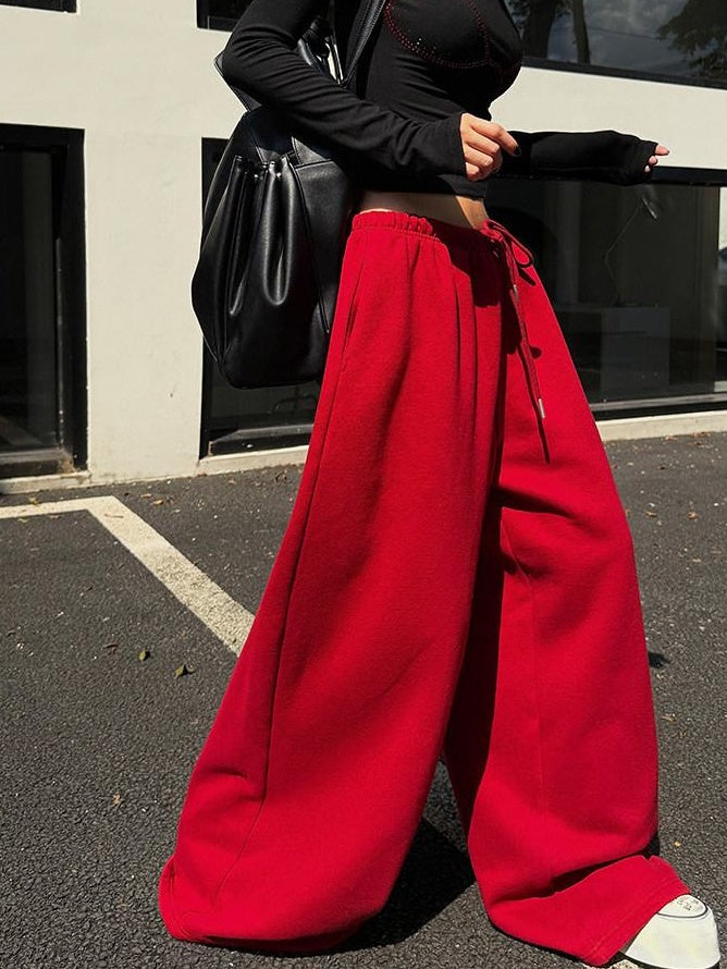 ZERO Soft Cotton Slight Stretch Casual Natural Waist Burgundy Wide Leg Pants