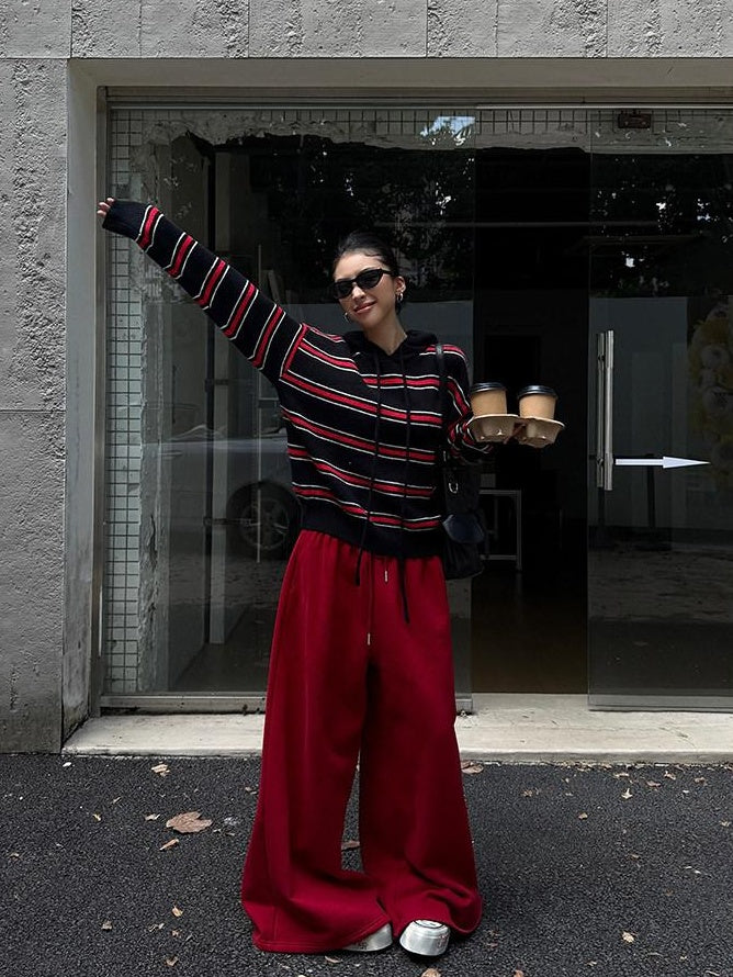 ZERO Soft Cotton Slight Stretch Casual Natural Waist Burgundy Wide Leg Pants
